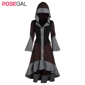 

ROSEGAL Autumn Women Hooded Contrast Ribbed Flare Sleeve Button Up High Low Cardigan Flippy Hem A Line Skirted Cardigan Daily