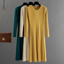 GIGOGOU Осень Зима Женское платье-свитер до середины икры длинные шикарные женские платья трапециевидной формы мягкие вязанные платья