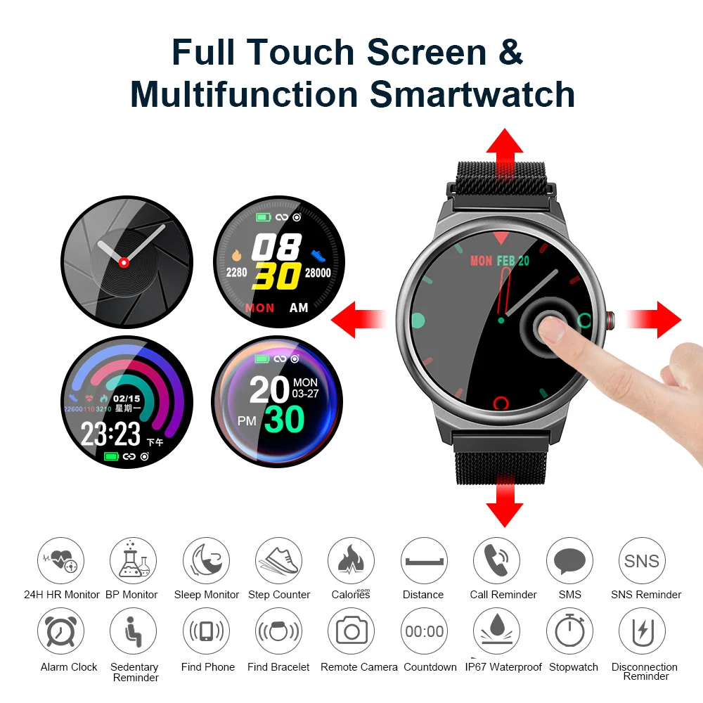 LEMFO ELF1 Смарт часы для женщин 1,3 дюймов полный круглый Сенсорный экран для сердечного ритма монитор IP67 водонепроницаемый ремешок сменный для подарка