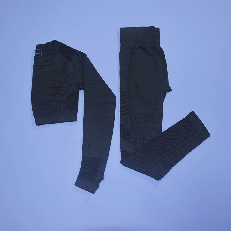 army green set Безупречный вязаный бесшовный комплект для йоги Женская одежда для фитнеса с длинным рукавом спортивная одежда леггинсы для спортзала полый укороченный топ 2 шт. спортивный костюм - Цвет: army green set