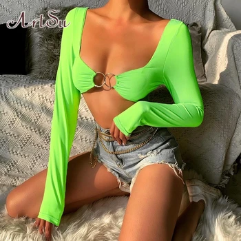 

ArtSu Fashion V neck Tops for Women Sexy Crop Top Long Sleeve Black Shirt Tee Korean T-shirt Femme Streetwear ASTS21441