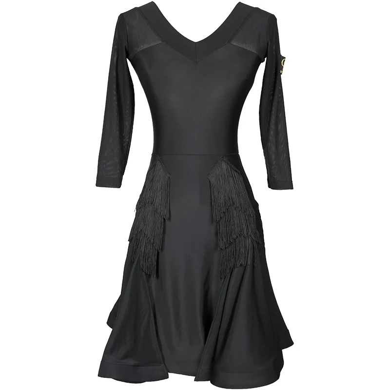 Женское платье для латинских танцев, женские сексуальные черные платья с кисточками, стандартные Бальные платья Samba с длинным рукавом, тренировочная одежда DWY2468 - Цвет: Черный