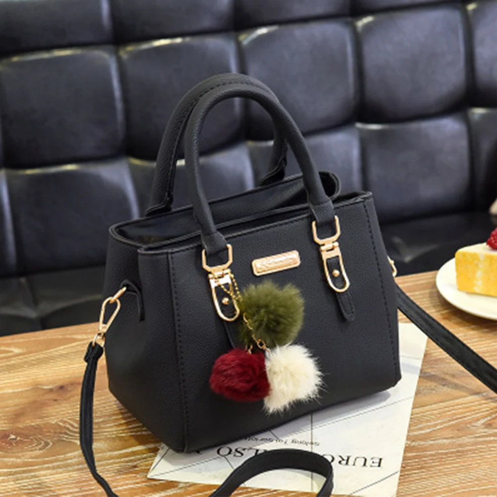 Women Beading Pendant Handbag Ladies Embossed Shoulder Bag Ladies Messenger Bag Hairball Bags High Quality Bag - Цвет: Черный