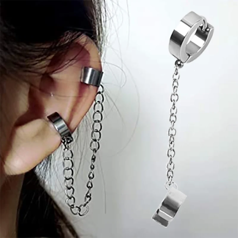 1Pc Titanium Steel Ear Cuff Clip Dangle Drop Chain Earrings for Men Women Punk Rock Goth Cool Hip Hop Kpop Earring Jewelry Teens