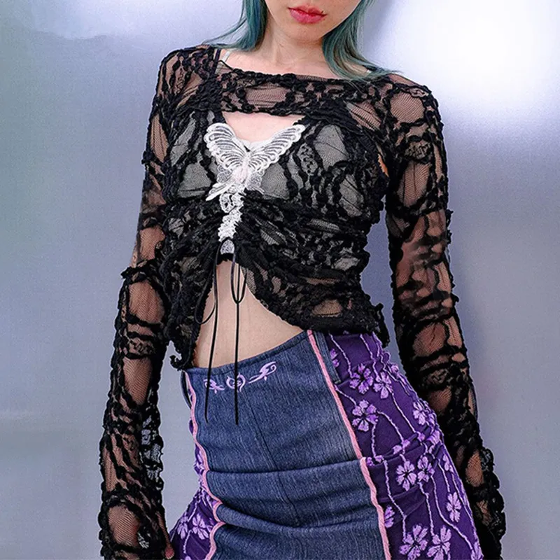 

Women Backless Butterfly Lace Up Camis Harajuku Hollow Out Long Sleeve Two Piece Set Gothic Lolita See Through Sexy Crop Tops