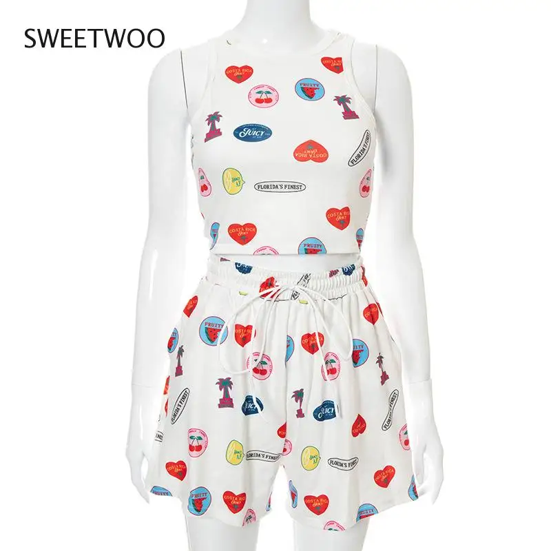 2021 Summer New Two-Piece Casual Sleeveless Round Neck Umbilical Tie Cartoon Print Shorts Casual Suit Women
