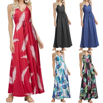 

BacklakeGirls 2020 Sexy Maxi Summer Dresses Tropical Jungle Leaf Boho Long Dress Sling Women V neck Party Night Elegant Dress