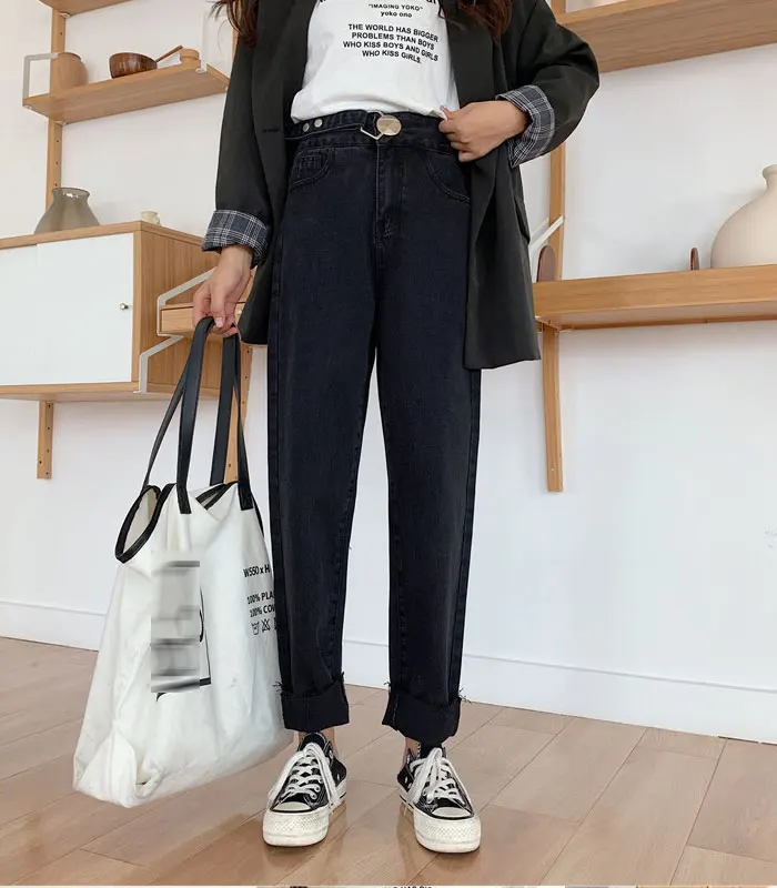 Loose Jeans Woman New Fashionthin Solid Color Big Buckle Straight Pants Wool Side Jeans Long Pants Women High Waist Woman