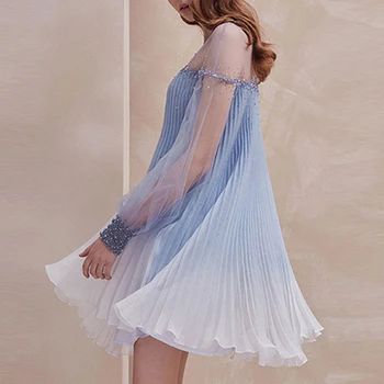 

Runway Sexy Tulle Long Sleeve Beaded Pleated Gradient Mini Pleated Dress Spring And Summer High Quality New Style Elegant