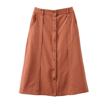 

Slim High Waist Middle Long A Word single button black coffee orrange colors Solid color Cotton Half Body Skirt Women's Skirt Z2