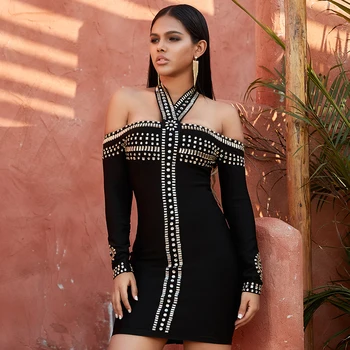 

Seamyla Women Winter Black Off Shoulder Halter Diamond Long Sleeve Bandage Dresses Sexy Bodycon Evening Party Club Vestidos