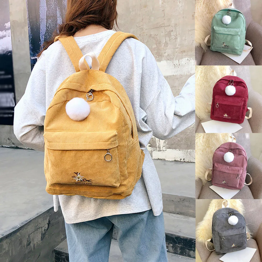 buy Dropshipping Fashion Girl Corduroy School Bag Backpack Hairball Women Travel Shoulder Bag Casual Dress Women Korea style