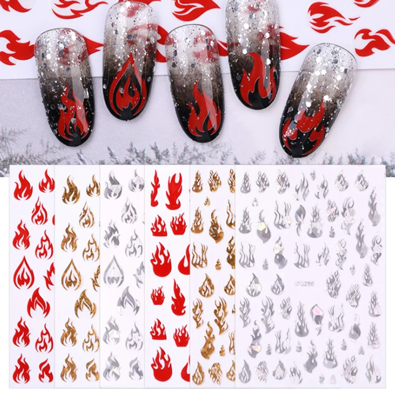 

1Pc Hollow Stickers Holographic Fires on 3D Nail Decals Manicure Adhesive Flame Stencil Sticker Nail Art Decoration