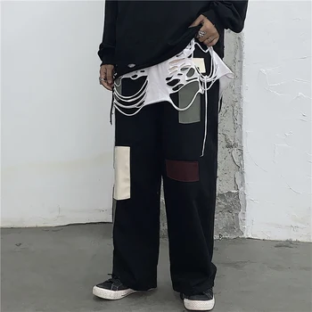 

Lychee Girls Vintage Hit Color Women Pants Elastic Waist Patchwork Lady Straight Pants Casual Loose Ankle-Length Women Trousers