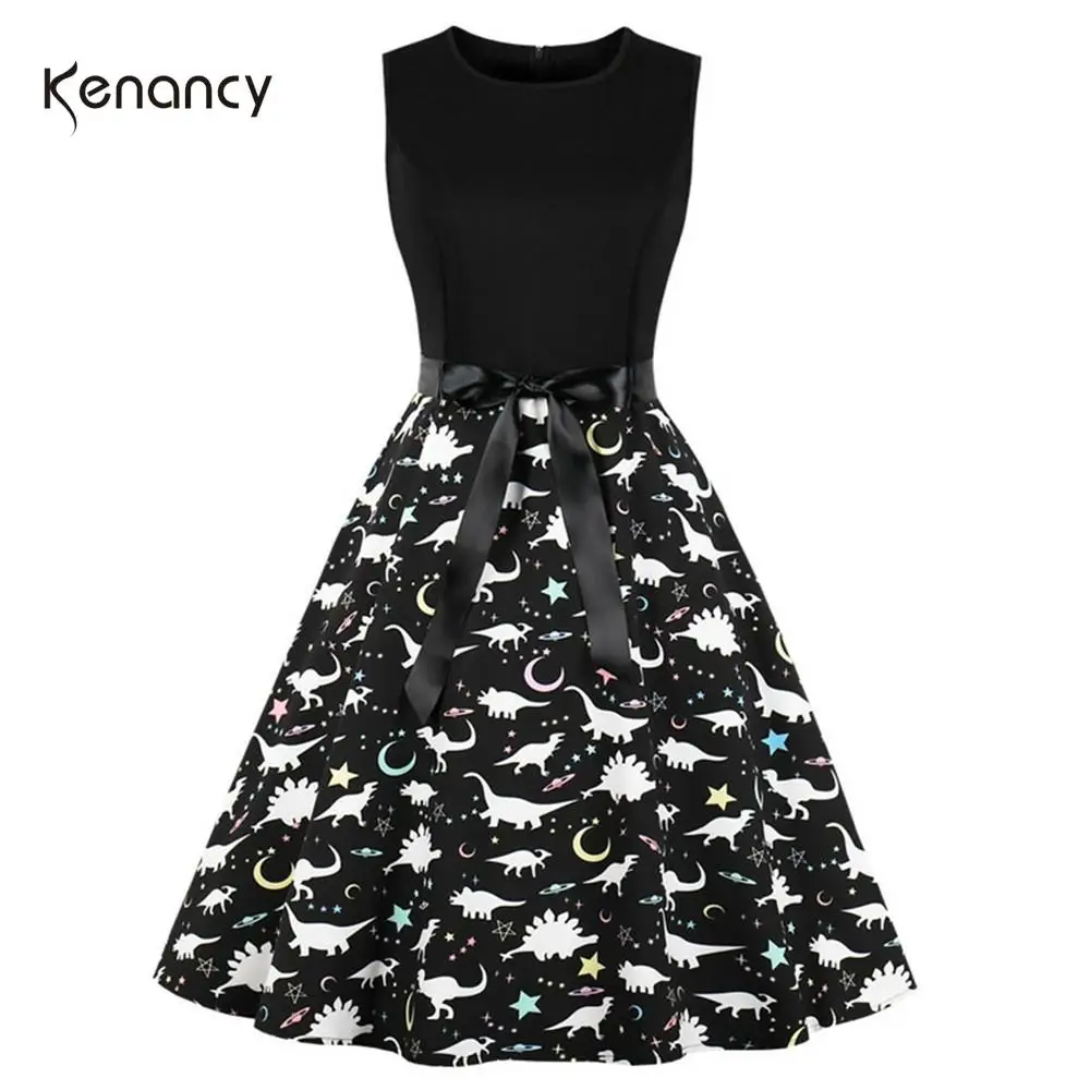 Летнее платье в стиле ретро Kenancy винтажное с принтом виде динозавра и звезд
