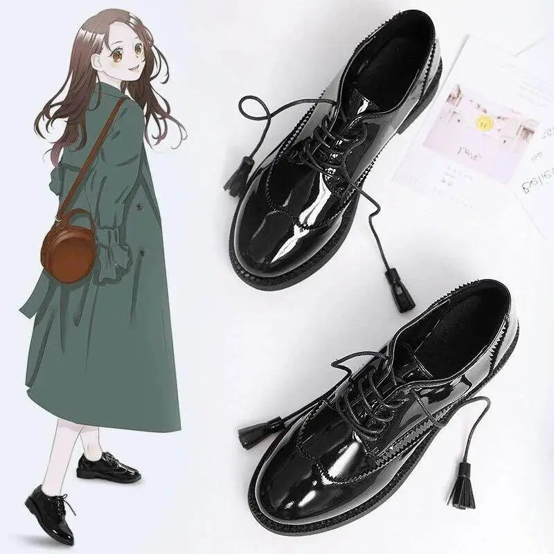 

2019 Spring And Autumn New Style Black And White with Pattern British-Style Small Leather Shoes Bullock Shoes Student Korean-sty