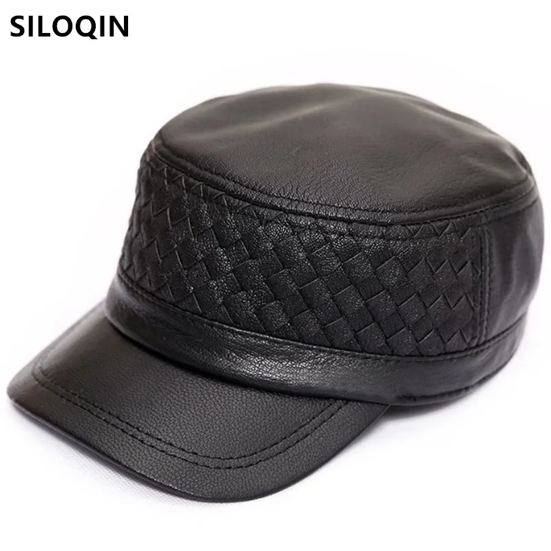 

SILOQIN Snapback Cap New Autumn Winter Men's Genuine Leather Caps Natural Sheepskin Military Hat Adjustable Size Casual Navy Hat