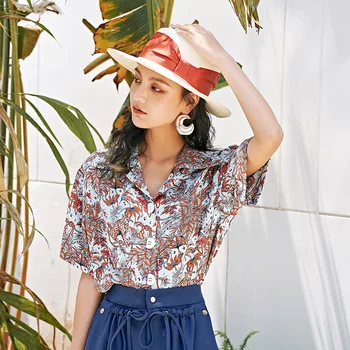 

WOMENGAGA 2020 Summer New Blouse Print Turn-down Collar Single-breasted Cardigan Short Sleeve Casual Streetwear Girl Female A832