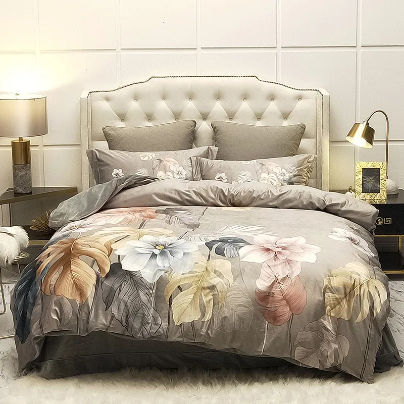 

Velvet Warm Duvet Cover Set Rich Color Leaves print 4 Pieces Luxury Soft Bedding Set for Winter Queen King size Bed sheet set