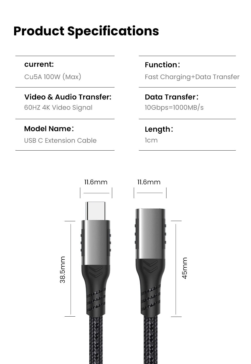 USB C Extension Cable Male to Female Type C USB3.2 Gen2 Full-featured Extender Cord for MacBook Pro Samsung S20 Xiaomi 11