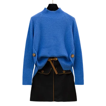 

Knitted suits 2020 autumn winter half turtleneck knitted pullovers sweater tweed skirt short skirts outfit knit top leisure