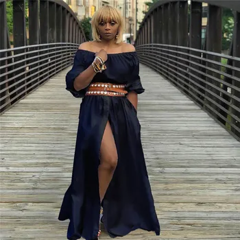 

Off the Shoulder Long White Black Dress with Slit (Belt not included)
