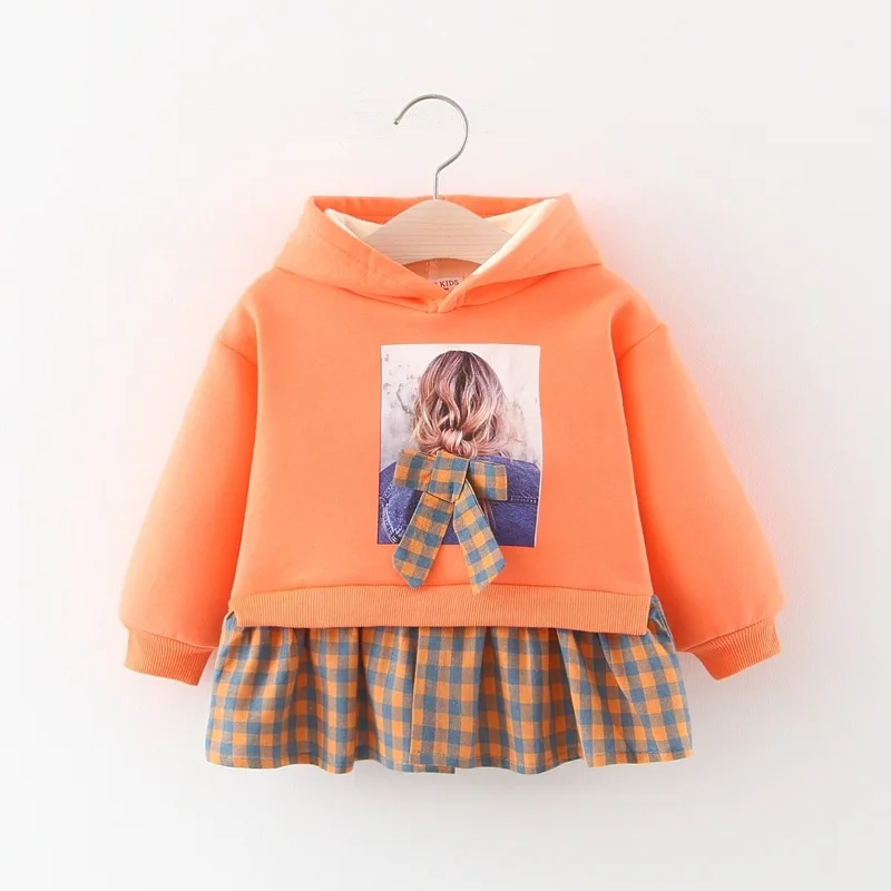 Зимнее плотное фланелевое платье с капюшоном для маленьких девочек; платье в клетку с длинными рукавами для маленьких девочек; повседневное хлопковое бархатное теплое платье для новорожденных - Цвет: Orange