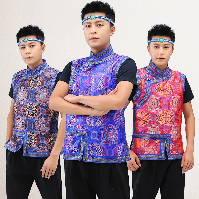 

Mongolia Men's Vest Summer Coat silk blend top Jacket Vests ethnic style tang suit Vintage pattern Waistcoat