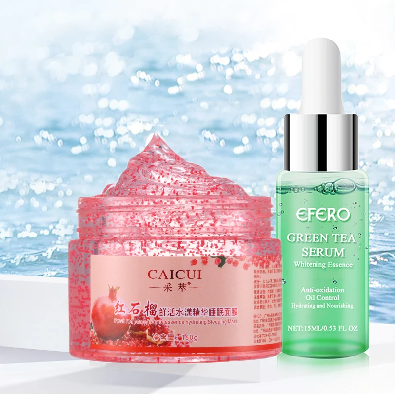 

2Pcs/Set Green Tea Essence Whitening Face Serum Nourishing Firming Smoothing Face Cream Pomegranate Essence Sleep Mask Skin Care