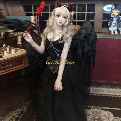 

Adult Dark Devil Ghost Bride Dress cosplay Halloween costumes for women Sexy Gothic Black Dress Angel wings Elf Costume For Girl