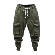 Idopy Men`s Cargo Pants Harem Style Loose Fit Drop Crotch Elastic Waist Ankle Length Multi Pockets Trousers For Male
