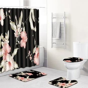 

Romantic Flower Cross-Border Bathroom Non-Slip Mat Shower Curtain Combination Carpet Graphic Customization Four-Piece Set