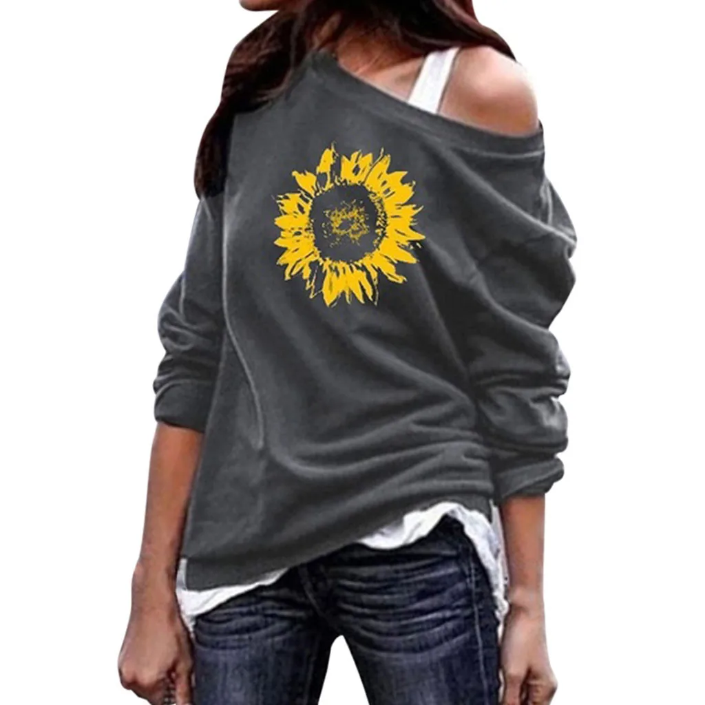 

Feitong Women's Fashion Causal One Shoulder Sunflower Print Blouses Long Sleeve O-neck Decoration Top Autumn And Winter Sweater