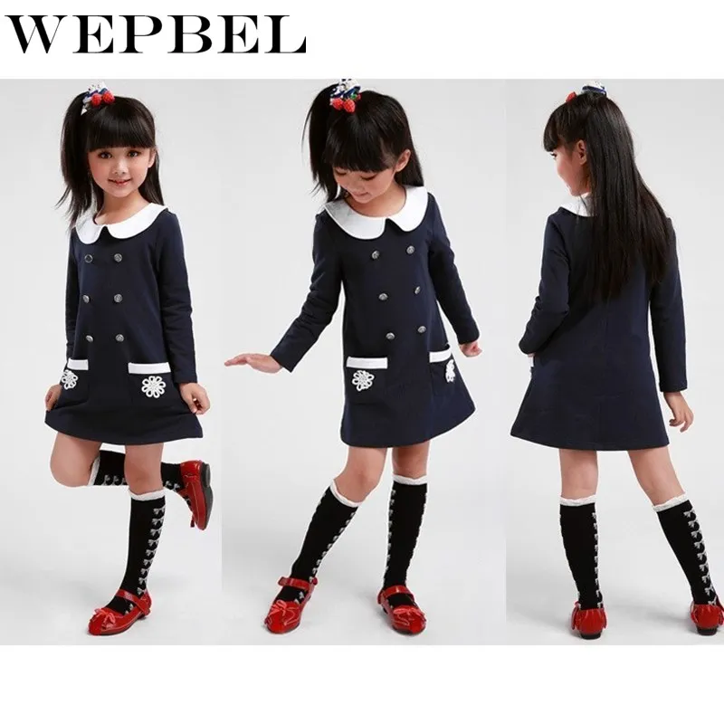 WEPBEL/платье для девочек весенние платья для девочек в духе колледжа детское платье с длинными рукавами двубортное платье с нагрудным карманом