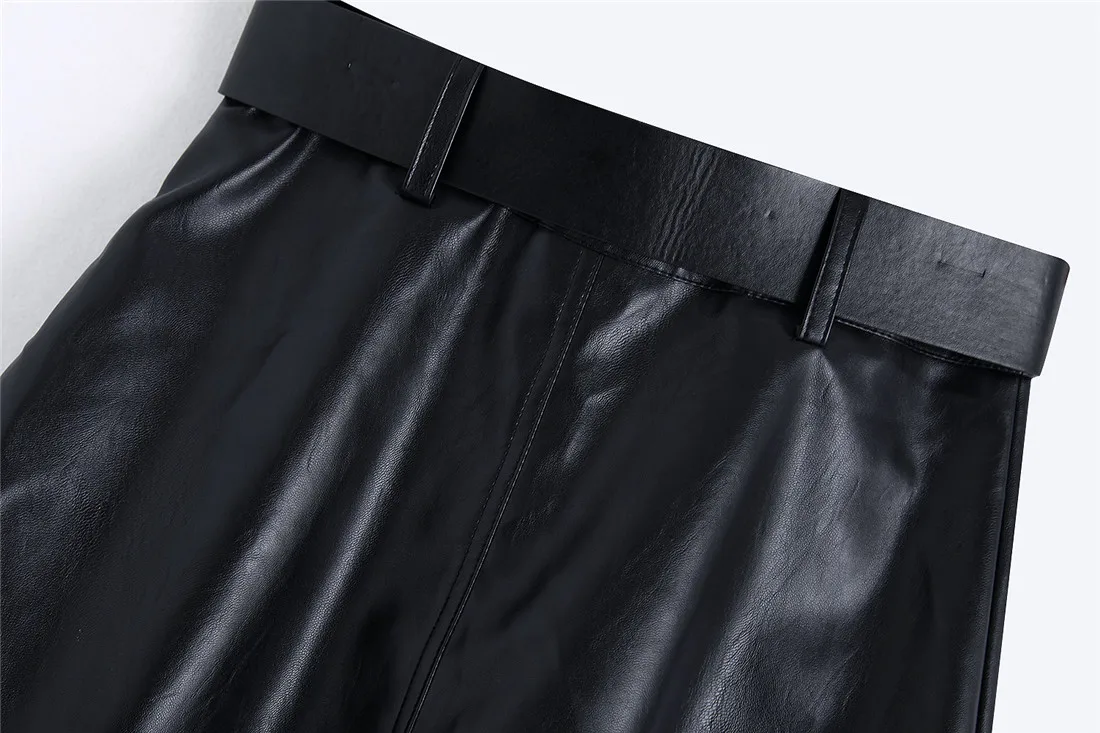 Arvinxia ZA Элегантная черная юбка миди из искусственной кожи с ремнем Faldas Mujer дамская юбка с большими карманами Vestidos Повседневная Лоскутная юбка