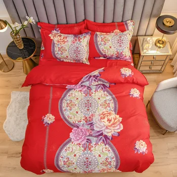 

HOT 4Pcs/Set Bedding Set Leaves Flower Stripe Chinese style Bedding Set King Size Bedspread red Color Bed Sheets For wedding