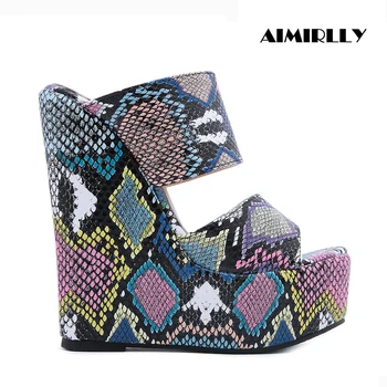 

Shoes Womens Wedge Sandals Snake Pattern Sky High Platform Slipper High Heels Summer Mules Slip On Casual Aimirlly
