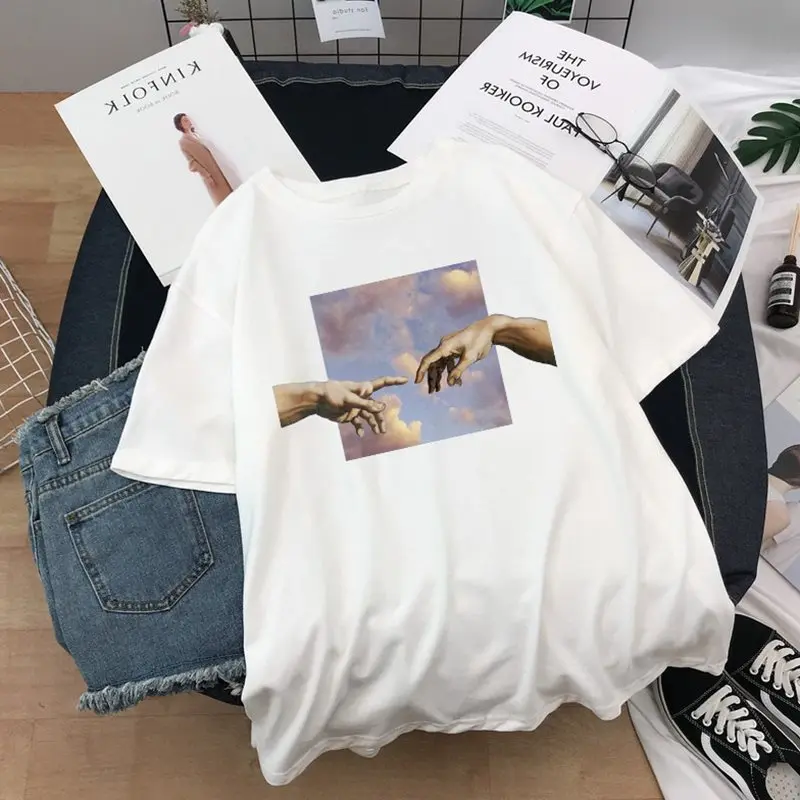 Camiseta de gran tamaño para mujer, remera con estampado de Michelangelo estético Harajuku, ropa Grunge, Top de mano estético para mujer