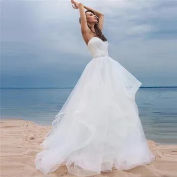 

Sweetheart Sexy Tulle Wedding Dresses 2021 Pleated Ruffles Lace Up Back Corset Bridal Gowns Formal Beach Ruffles Beaded Waist