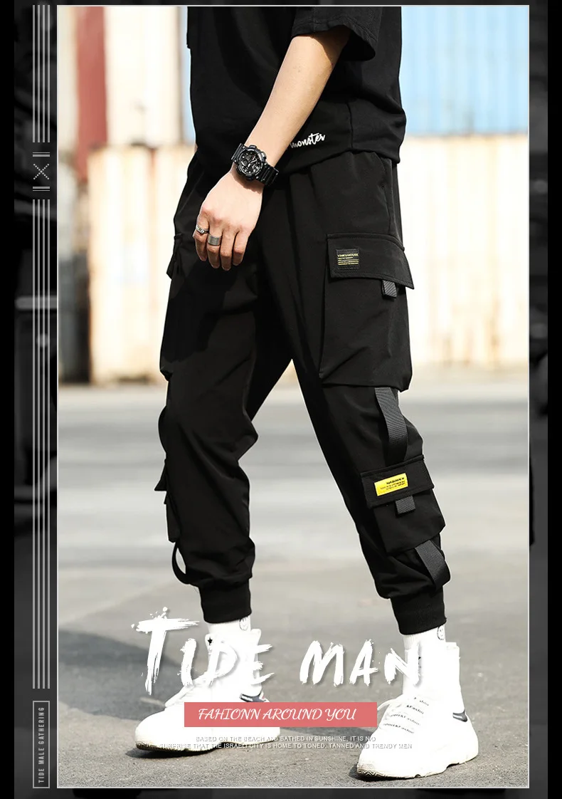 Хип-хоп Уличная Мужская черная сумка для бега, мужские спортивные штаны с лентами, повседневные штаны-шаровары с эластичной резинкой на талии для мужчин