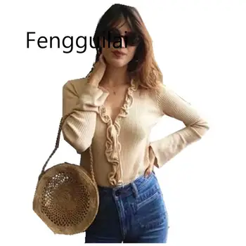 

FENGGUILAI 2020 New French Ruffles V Neck Lacing Up Strappy Knitted Cardigan Red Sweater Woman Flare Sleeve Short Jumper
