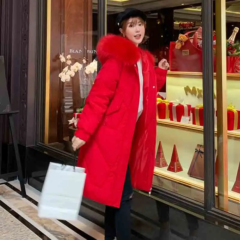 Зимняя куртка, женский пуховик, хлопковая куртка размера плюс, куртка с капюшоном, Женская Толстая теплая хлопковая верхняя одежда, Женская длинная парка - Цвет: Красный