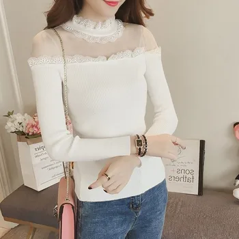 

Fashion Women Lace Ruffled Collar Sweater Long Sleeve Mesh Pathcwork Knitted Sweaters Slim Pullover Elegant Temperament Charming