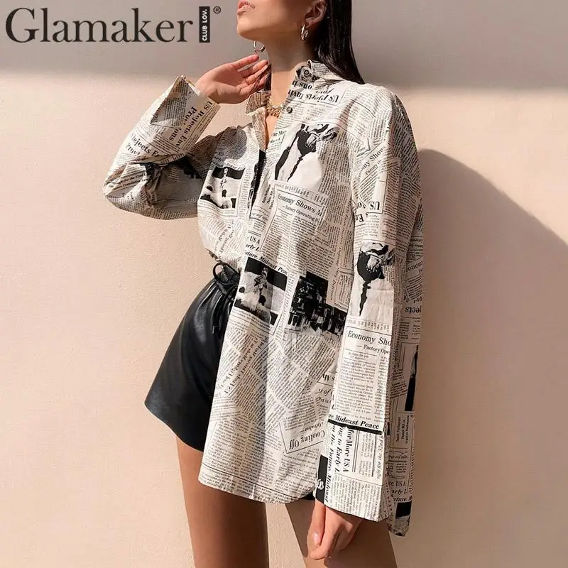Женская офисная блузка с принтом в виде газет Glamaker модная свободная Клубная