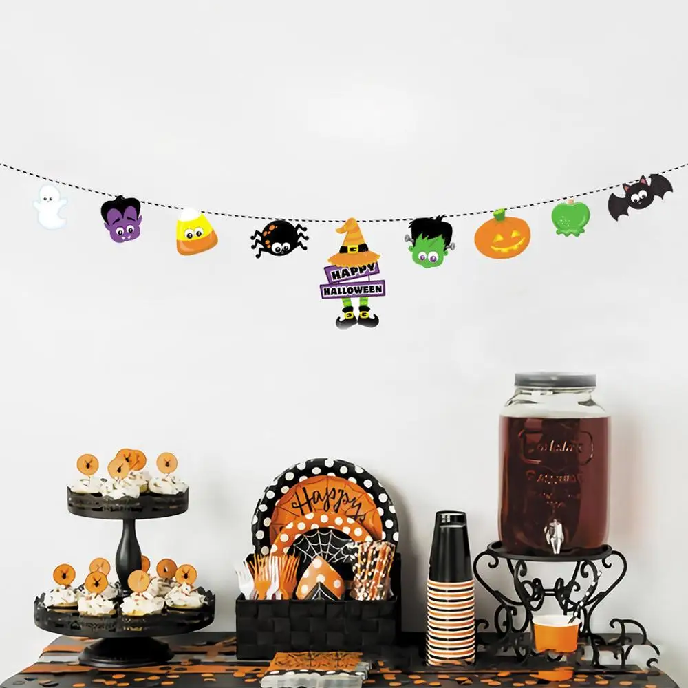 Hanging Cartoon Halloween Spider Pumpkin Bat Paper Banner For Party Decoration Baby Shower Decor Paper Flag Supplies 3FM