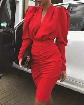 

BacklakeGirls New Arrival Sexy V Neck Bubble Long Sleeve Red Cocktail Dress 2020 Real Pictures Cheap Party Gowns Robe Cocktail