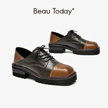 

Women Derby Shoes Cow Leather Square Toe Mixed Colors Platform Sole Ladies Casual Flats Handmade BeauToday 27720
