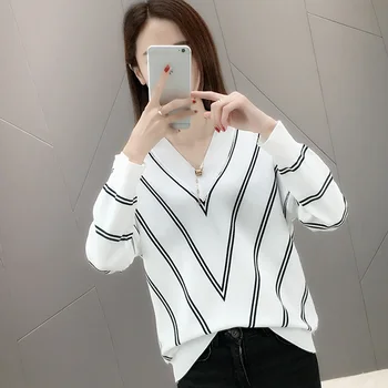 

Korean Striped Knitted Pullover Sweaters V Neck Long Sleeve Contrast Color Jumpers Loose Fashion New Clothes Women