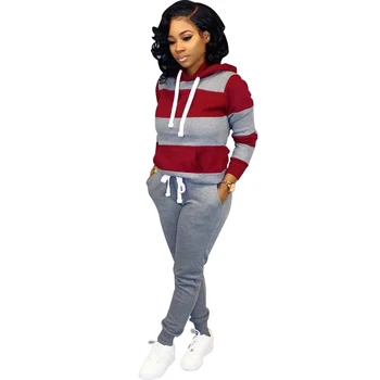 

2020 2pcs Tracksuit Women Elasticised waist Trousers Casual Hooded Hoodle Striped Print Tops Shirts sweater suit Sweatshirt D30