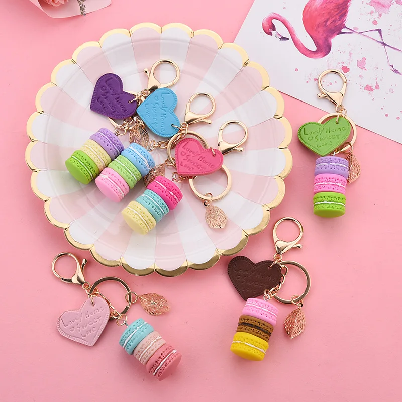 

Women New Macaron Cake Keychain PU Love Alloy Leaf Key Chain Charm Packet pendant Key Ring Best Party Gift Jewelry